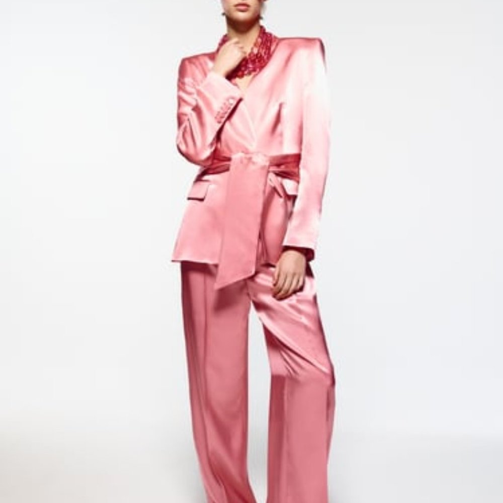 Zara Pink Satin Oversized Matching Blazer Trouser Set